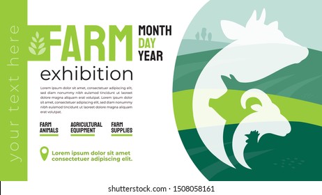 Design for agricultural exhibition. Identity for farm animals business, agricultural equipment, supplies, conference, forum. Illustration with sign of cow, pig, ram. Template for flyer, advert, banner