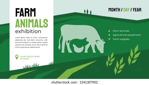 Diseño para exhibición agrícola. Identidad para el negocio de animales de granja, equipamiento agrícola, suministros, conferencia, foro. Ilustración con signo de vaca, cerdo, pollo. Plantilla para volante, banner y anuncio