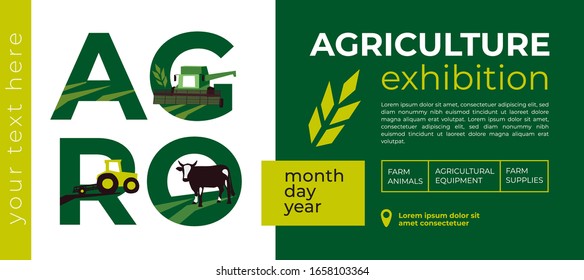 Diseño para exhibición agrícola. Identidad para el negocio de animales de granja, equipamiento agrícola, suministros, conferencia, foro. Cartas ilustrativas de vectores AGRO, vaca y tractor para volante, pancarta, billete