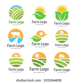 Design Of Agriculture Logos. Color Logotype Isolated On White Background. Natural Product Sign. Farm Symbol Set. Vector Illustration