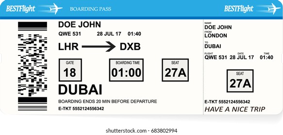 Design of aircraft boarding pass ticket. Concept of business trip or vacation journey. Isolated vector illustration