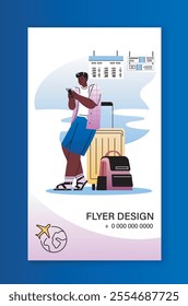 Design for airport flyer. Man with luggage waiting for airplane. Holiday and vacation. Travel and tourism. Booklet and brochure. Flat vector illustration isolated on blue background