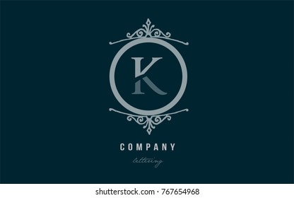 Design of alphabet letter k with blue pastel color and decorative circle monogram suitable as a logo for a company or business