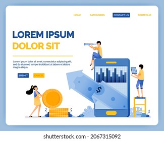 Diseño de análisis del aumento del valor de las inversiones en cartera y mejora los beneficios en el mercado de valores. la ilustración vectorial se puede utilizar para la página de inicio, web, sitio web, aplicaciones móviles, afiche, volante, ui ux
