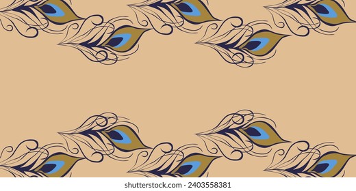 
Design Animal background in retro Arabic style with Peacock feather Frame. Golden Sparrow feather isolated light backdrop with copy space. Vector illustration.