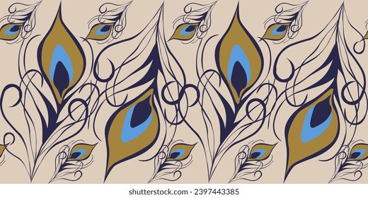 
Design Animal print in retro Arabic style. Seamless pattern with Peacock feather. Golden Sparrow feather isolated light backdrop. Vector illustration can used fabric, textile, wallpaper print.