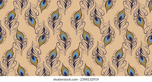 
Design Animal print in retro Arabic style. Seamless pattern with Peacock feather. Golden Sparrow feather isolated light backdrop. Vector illustration can used fabric, textile, wallpaper print.