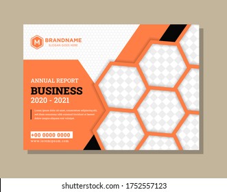 The Design Of Annual Report Book Cover For Business Use Horizontal Layout And Combination Four Colors Are Orange, Black, Grey And Black. Hexagon Shape As Space For Photo Collage And Pattern. 