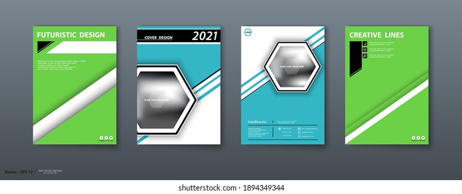 Design Annual report, business cover 2021. Header text. Construction, office. Flat geometric stripes. Presentation template, blue, green. White background font, advertising card.Set, sheet, A4, vector