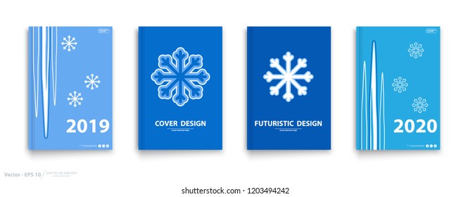 Design, Annual Report, Cover 2019, 2020. Headline text, icicles. Flat geometric pattern, idea, snowflakes, winter. Template presentation. Blue background. Promotional card.Set, sheet,a4 format,vector
