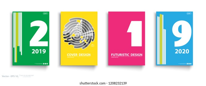 Design, Annual Report, Cover 2019, 2020. Headline text. Flat geometric pattern, fingerprint. Presentation template, green, blue. White background. font, promotional card. Set, sheet, format a4, vector