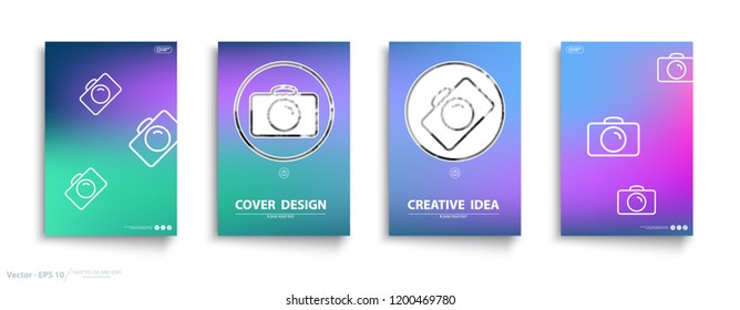 Design, Annual Report, Cover. Camera, icon. Headline text. Flat geometric pattern, creative idea. Presentation template, green. Colorful background. font, promotional card.Set, sheet, format a4, vecto