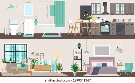 The design of the apartment in detail. Interior design inside. Vector illustration in flat style.