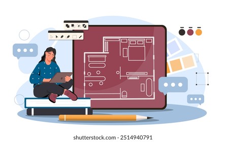 Design of apartment interior. Woman sits in lotus position near drawing. Interior designer chooses furniture for room and apartment. Flat vector illustration isolated on white background