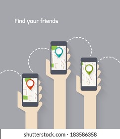 Design for app. Hands hold smarthphone with gps map. Pin pointer. Vector illustration