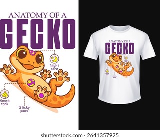 Design for apparel featuring a cheerful orange gecko with labeled anatomy parts like Night Core, Snack Tank, and Sticky Paws. Perfect for funny T-shirts, hoodies, stickers, kids apparel and novelty gi