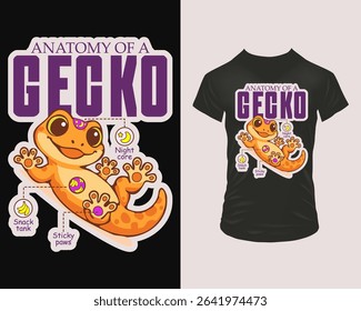 Design for apparel featuring a cheerful orange gecko with labeled anatomy parts like Night Core, Snack Tank, and Sticky Paws. Perfect for funny T-shirts, hoodies, stickers, kids apparel.	
