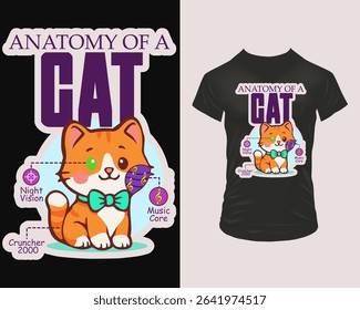 Design for apparel featuring a small ginger cat with labeled anatomy parts like Music Core, Night Vision, and Cruncher 2000. Perfect for funny T-shirts, hoodies, stickers, kids apparel.	