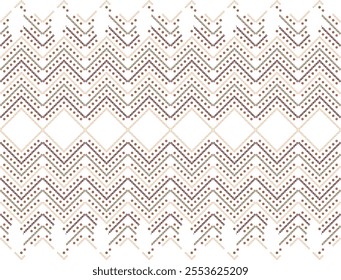 The design appears to be a repeating geometric pattern composed of chevron-like shapes arranged in a symmetrical grid. The shapes are made up of small circular dots in various shades of red, pink, and