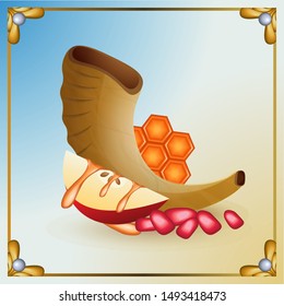 Design of apple shofar in honey and pomegranate seeds for Jewish New Year