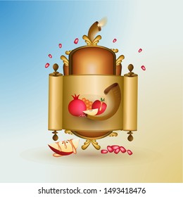Design of apple shofar in honey and pomegranate seeds for Jewish New Year