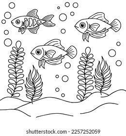 diseño de la página de color del esquema de peces acuáticos para niños