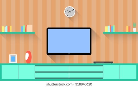 Design around the television in a living room. Vector flat illustration.