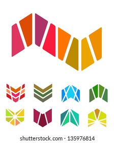 Design arrow logo element. Crushing abstract pattern. Colorful book logotype, icons set. Colorful N, W, M, V icons set.