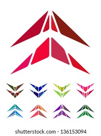 Design arrow logo element. Crushing abstract pattern. Colorful hang gliding, aircraft icons set.