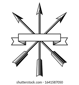 Design with arrows. Arrows of an Archer. A bunch of three vintage arrows and a ribbon, isolated on white, vector illustration