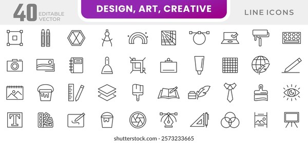 Design, art, Creative line icon set.  Inspiration, painting, creative tools, creativity, ideas, innovation, graphic design, portfolio, creative process line icon set. UI thin line icon pack.
