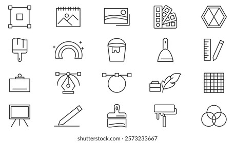 Design, art, Creative line icon set.  Inspiration, painting, creative tools, creativity, ideas, innovation, graphic design, portfolio, creative process line icon set. UI thin line icon pack.