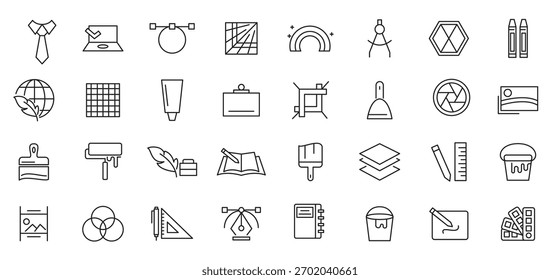 Design, art, Creative line icon set.  Inspiration, ai design, painting, creative tools, creativity, ideas, innovation, graphic design, portfolio, creative process line icon set.