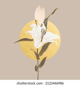 Design in art deco style - lily flower linear drawing with golden metallic outline colored in neutral brown, white, pink and gold foil circle moon. Digital art for print, poster, invitation, postcard.