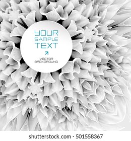 Design and art element - abstract kaleidoscopic background consisting of reflections of grayscale flower with round paper label