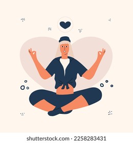 Design art postcard, poster with a meditating woman in the lotus position. Vector hand drawn illustration