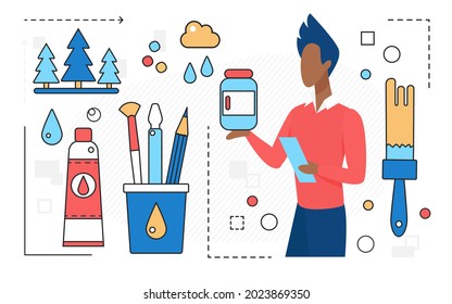 Design from art studio, man character with mobile phone and artist tools line icons.