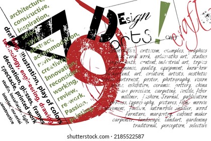 design and art word and tag cloud, grungy style vector illustration