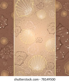 design with artistically painted beige seashells and sand.