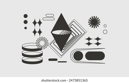 Design artwork graphics of bizarre computer vector generated shapes and abstract geometric design elements, useful for web