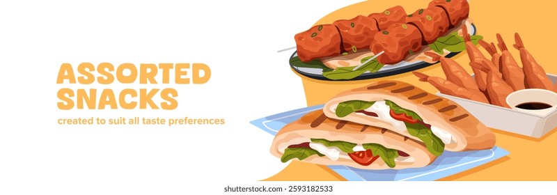 Design of Asian cafe advertising banner with snacks, meals, eating. Template of fastfood restaurant of Chinese cuisine promotion. Food composition with tempura shrimp, kebab. Flat vector illustration