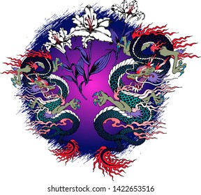 Design of asian dragon and flowers. Vector illustration. Suitable for fabric, wrapping paper and the like