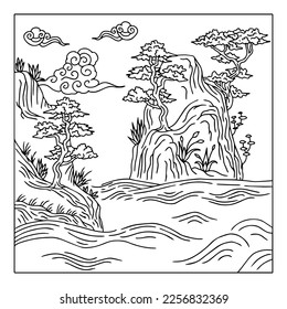 Design Asian Landscape Painting Outline