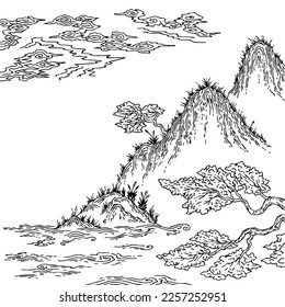 Design Asian Landscape Painting Outline