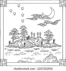 Design Asian Landscape Painting Outline