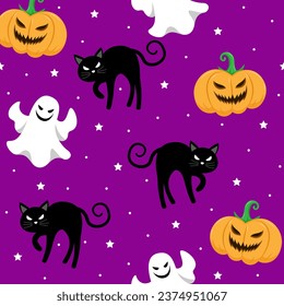 el activo de diseño es la imagen de un fondo morado adornado con una variedad de gatos y calabazas adorables. Se puede usar para diseños temáticos de Halloween, materiales relacionados con mascotas o proyectos lúdicos y caprichosos.