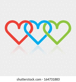 Design associated three Hearts on white glittering background