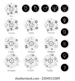 Diseño de Vector astrológico, pegatinas en blanco y negro. Dibujo de Vectores del sistema solar, planetas, universo, astrología y ubicación de estrellas. Conjunto de iconos de símbolos de planetas