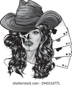 design of Attractive skull Cowgirl With with poker ace