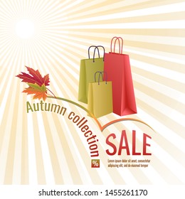 Design for autumn collection sale. Colored shopping bags with maple leaves in the sunlight. For the design of posters, banners, websites, shops, etc. Vector.